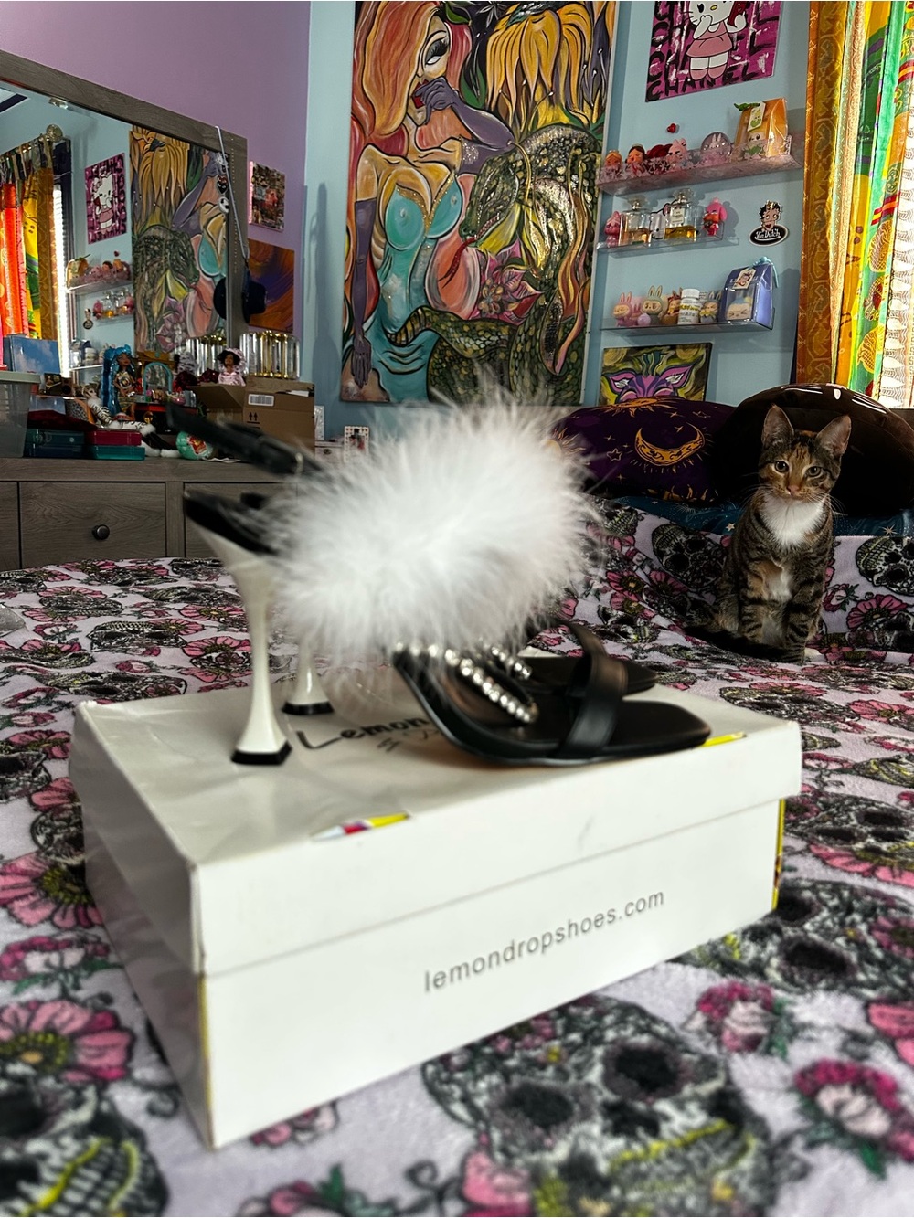Lemon Black Slide Heels with White Faux-Fur Pom and Rhinestone Strap